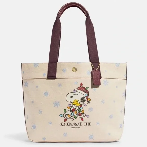Coach X Peanuts Snoopy & Woodstock Ice Christmas Lights Tote Canvas - Picture 1 of 7